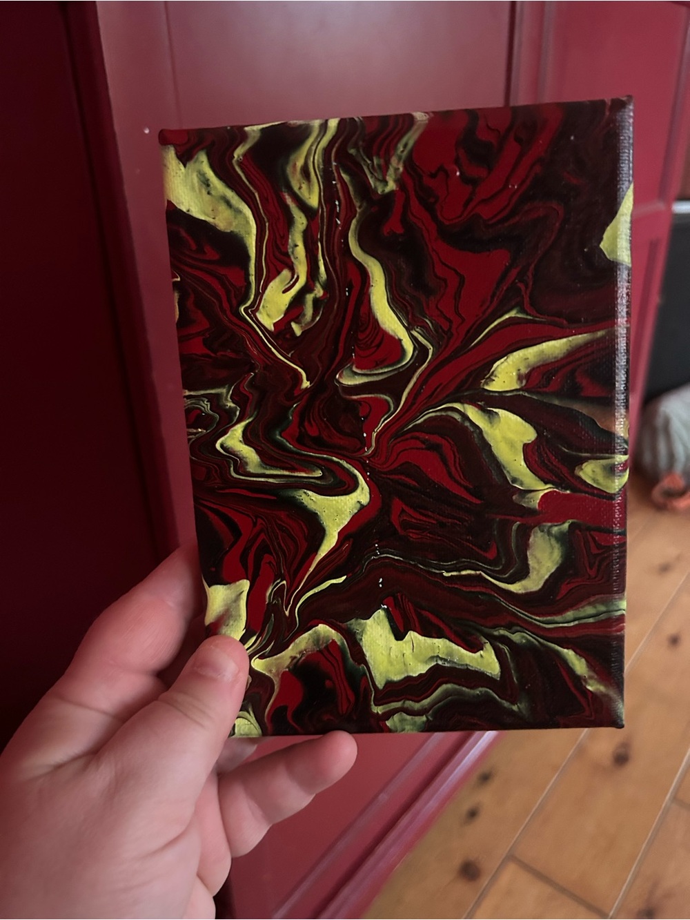 Original Abstract Painting ‘Twist& Shout’ Red,Black and Neon Yellow 5x7